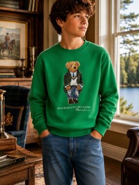 Polo Ralph Lauren Polo Bear Green Preppy Fleece Sweatshirt NWOT Boys L 14–16